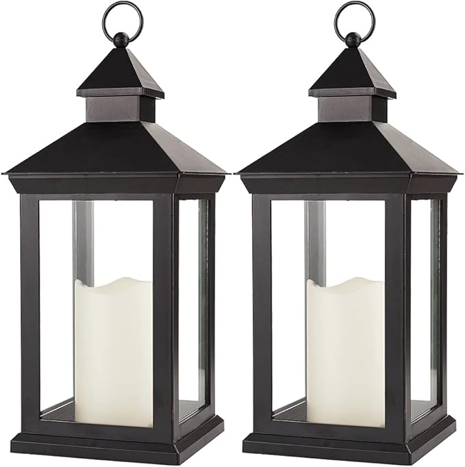 Bright Zeal 2-Pack 14" Decorative Candle Lantern Black Outdoor Lanterns with Timer Candles - IP44 Waterproof Vintage Lanterns Battery Powered LED Decorative for Wedding - Warm White Hanging Wall