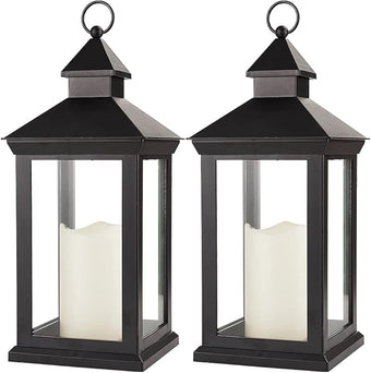 Bright Zeal 2-Pack 14" Decorative Candle Lantern Black Outdoor Lanterns with Timer Candles - IP44 Waterproof Vintage Lanterns Battery Powered LED Decorative for Wedding - Warm White Hanging Wall