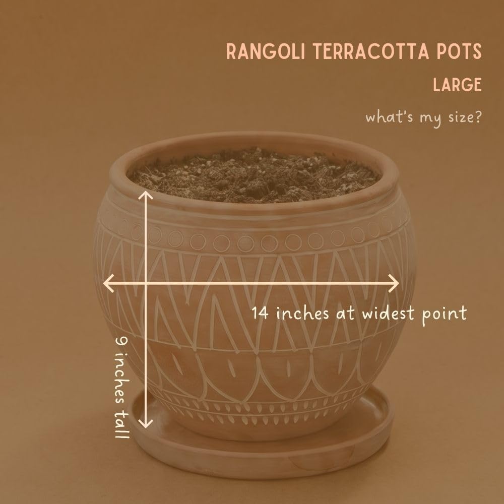 Potthing Large Terracotta Pots with Terracotta Saucer, Plant Pot with Drainage, Engraved Boho Rangoli Design, 14 Inch Plant Pot
