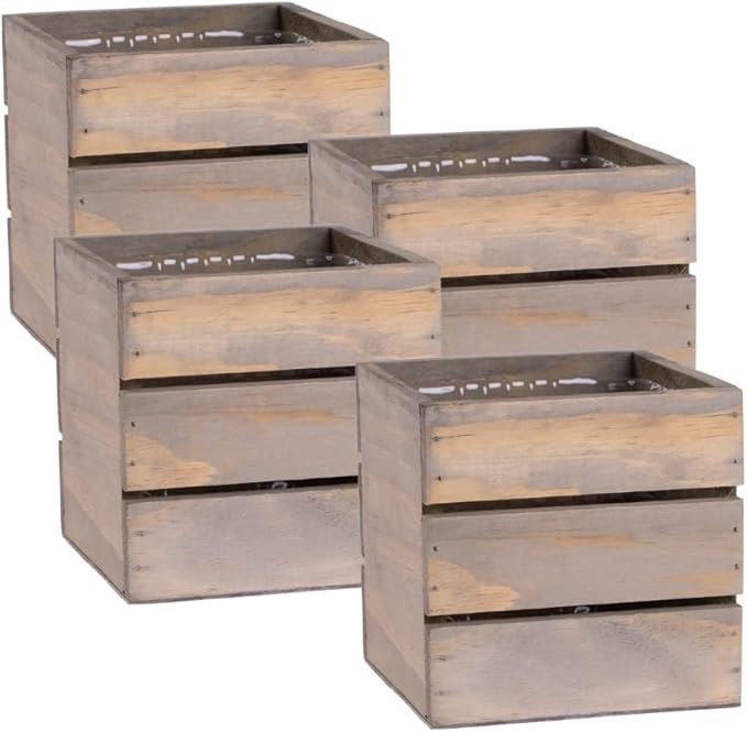 Wood Planter Box with Wine Crate Styled, 5 Inch Square, Rustic Barn Wood, Plastic Liner, Wedding Flowers Holder, Home and Venue Decor, (5x5 Wine Crate Set of 4)