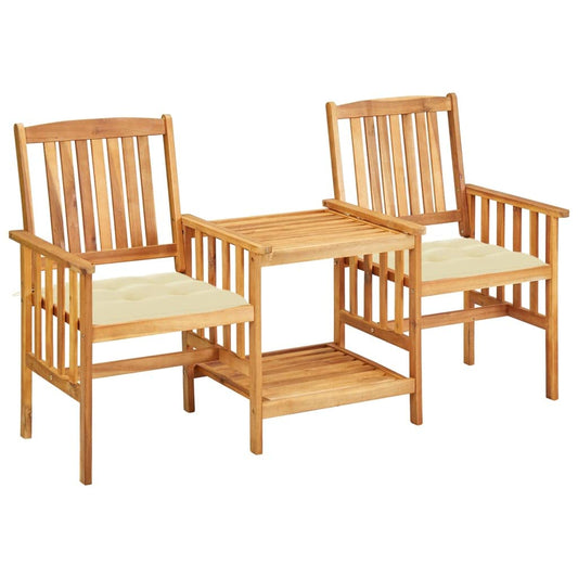 KGFHERENB Outdoor Bistro Set with Cream Cushions - Solid Acacia Wood 3-Piece Patio Conversation Set with Built-in Table, Space-Saving Small Balcony Furniture for Garden and Porch Casual Dining