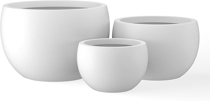 Kante 19.9",15.7",11.8" Dia Round Concrete Planter Set of 3, Outdoor/Indoor Large Bowl Plant Pots with Drainage Hole and Rubber Plug for Garden Patio Balcony Home, Pure White