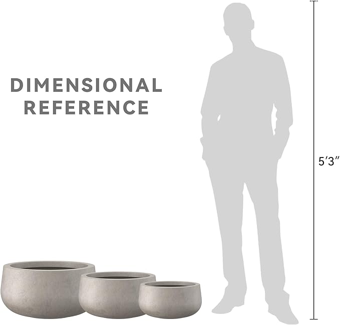 Kante 19.6",15.7",11.8" Dia Round Concrete Planters Set of 3, Outdoor Indoor Large Plant Pots with Drainage Hole, Modern Curvaceous Design, Weathered Concrete