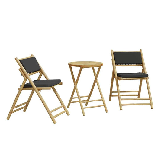 KGFHERENB 3-Piece Bamboo Bistro Set, Foldable Patio Conversation Set with Dark Grey Cushions, Round Table and 2 Chairs for Balcony, Garden and Terrace, Small Space Outdoor Furniture