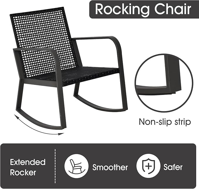 Temminkii Bistro 3 Piece Patio Furniture Set, Patio Table and Rattan Outdoor Rocking Chairs Set of 2, Outdoor Bistro Conversation Set for Garden, Balcony, Poolside, Backyard, Grey
