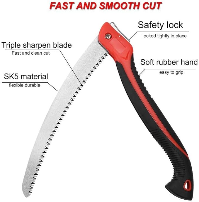 12 Inch Heavy Duty Pruning Saw, Folding Hand Saw with SK5 Curved Blade, Triple-cut Razor Teeth Used for Trees Wood Cutting Camping Gardening Work, Hiking, Landscaping, Tree Trimming