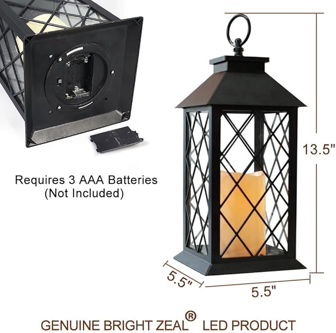 Bright Zeal 13.5" Black Vintage Candle Lantern with LED Pillar Candle and Timer - IP44 Waterproof Porch Light - Tabletop Lantern Decorative Outdoor