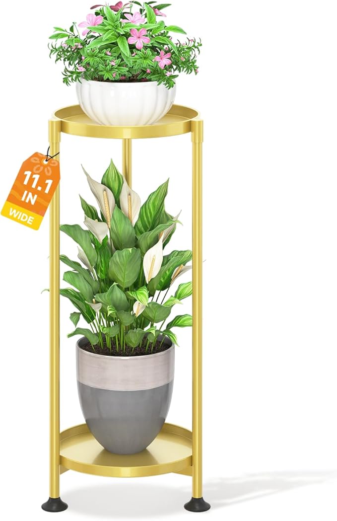 LASZOLA 2 Tier Gold Plant Stand Indoor for Large Tall Heavy Duty Flower Planter, Metal Vertical Multi Level Rack for Narrow Floor Corner, Sturdy Round Holder Organizer, Modern, Mid Century, Farmhouse