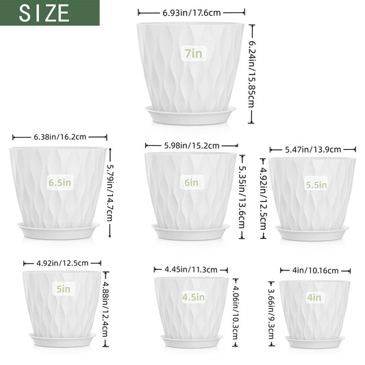 SQKH 4/4.5/5/5.5/6/6.5/7 Inch Plant Pots,7 Pack Flower Pots with Drainage Holes and Trays,Plastic Planters for Indoor Outdoor Plants Growth,White