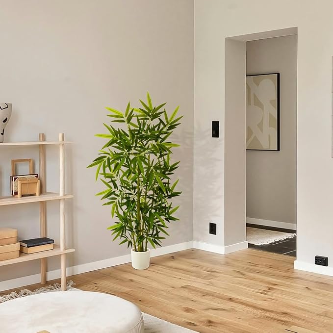 Artificial Bamboo Tree, 5ft Tall Fake Bamboo Plant with White Planter, Faux Trees with 5 Trunks and Lifelike Leaves for Indoor Outdoor Home Office Décor