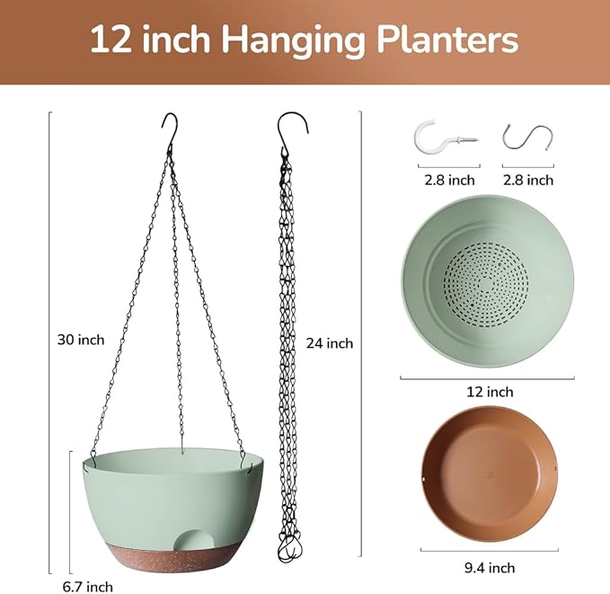 LESOASIS 12 Inch Hanging Baskets for Plants Outdoor, Hanging Planters for Indoor Outdoor Plants, Hanging Planter with Self Watering, Hanging Flower Pots (Green)