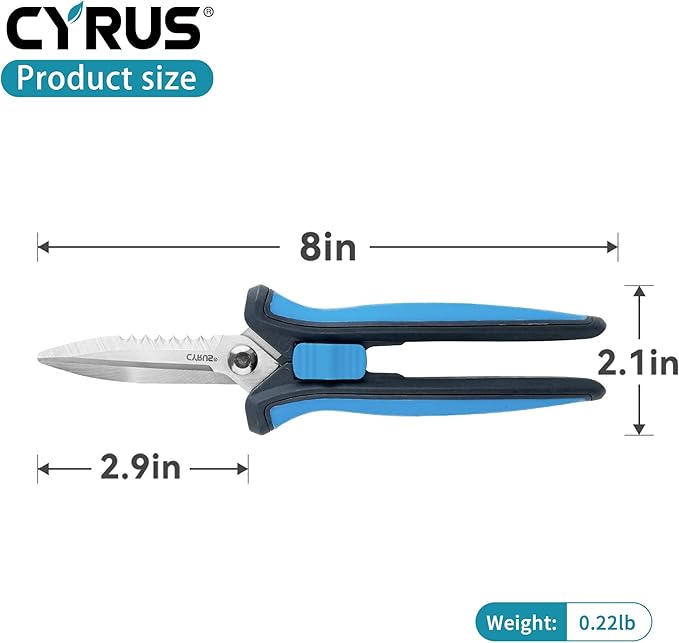 CYRUS Pruning Shears 8" Hand Gardening Scissors Extended Straight Carbon Blades Trimming Precision Bud Scissors with Sharp Serrations Widely Used for Gardening, Hydroponics, Grow Tents-CYRUS