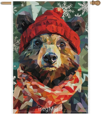 Bear with Red Scarf and Hat Snowflake Christmas Garden Flag, 28x40 Inch Double Sided Linen Holiday Red Winter Farmhouse Yard Outdoor Decoration (4322)