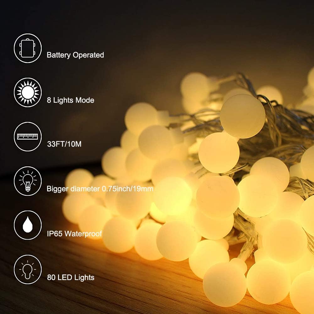 YoTelim Globe String Lights Battery Operated Warm White ，Water Proof 1 Pack 33FT 80 LED Globe Fairy String Light 8 Modes with Remote Control, for Home, Party, Christmas, Wedding, Garden Decoration