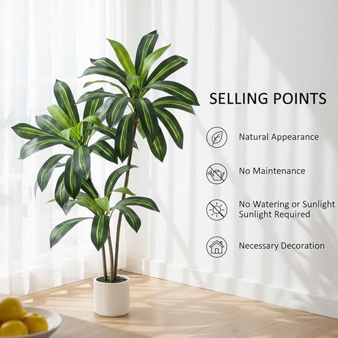 Artificial Dracaena Plant 4FT - Realistic Fake Dracaena Tree Tall Large Faux Silk Plants Fake Floor Potted Artificial Plants for Home Decor, Office Plants
