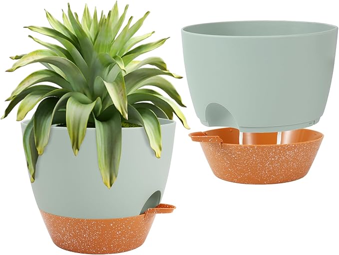 GARDIFE 10 inch Plant Pots,Self Watering Pots, 2 Pack Flower pots, Large Plastic Planters with Deep Reservior and High Drainage Holes for Indoor Outdoor Plants and Flowers, Green