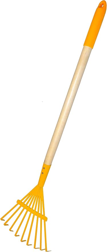 JustForKids Kids Garden Tool Set Toy, Rake, Spade, Hoe and Leaf Rake, reduced size , made of sturdy steel heads and real wood handle, 4-Piece, Multicolored, 5yr+