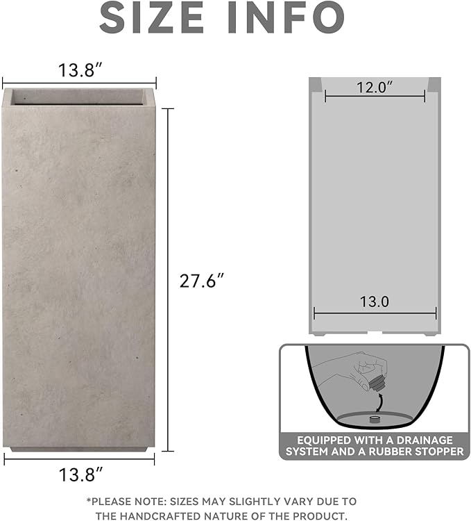 Kante 27.6" H Tall Rectangular Concrete Planter, Modern Square Diameter Plant Pot with Drainage Hole and Rubber Plug for Indoor Outdoor Home Patio Garden, Weathered Concrete