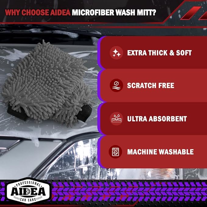 AIDEA Car Wash Mitt Microfiber-2Pack, Scratch-Free& Lint-Free, Premium Chenille Microfiber Wash Mitt-Grey Extra Large Size (8''X12'')