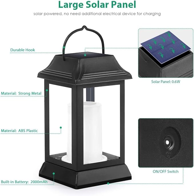 TomCare Solar Lights Metal Flickering Flame Solar Lantern Outdoor Hanging Lanterns Decorative Lighting Heavy Duty Solar Powered Waterproof Umbrella Lighting for Garden Yard Patio Deck, 2 Pack（Black）