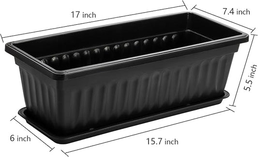 Fasmov 7 Pack 17 Inches Flower Window Box Plastic Vegetable Planters with Trays Vegetables Growing Container Garden Flower Plant Pot with 7 Pcs Plant Labels for Balcony, Patio, Garden, Black