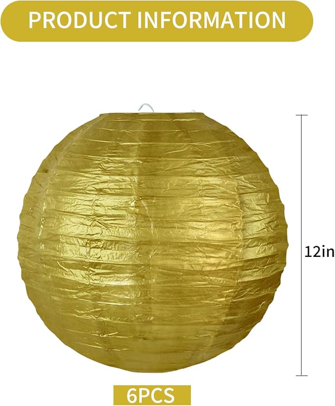 BEISHIDA 12-Inch Gold Paper Lanterns Decorative Chinese/Japanese Hanging Round Paper Lanterns Lamp for Birthday, New Years,Wedding,Christmas, Baby Bridal Shower, Home Decor, Party Decoration (6 Packs)