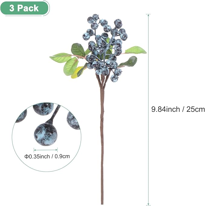 3-Pack Artificial Berry, 9.8 Inch Faux Holly Berry Foam Faux Frosted Berries with Stems for Home/Wedding/Christmas/DIY/Party/Garden/Office [Blueberry]