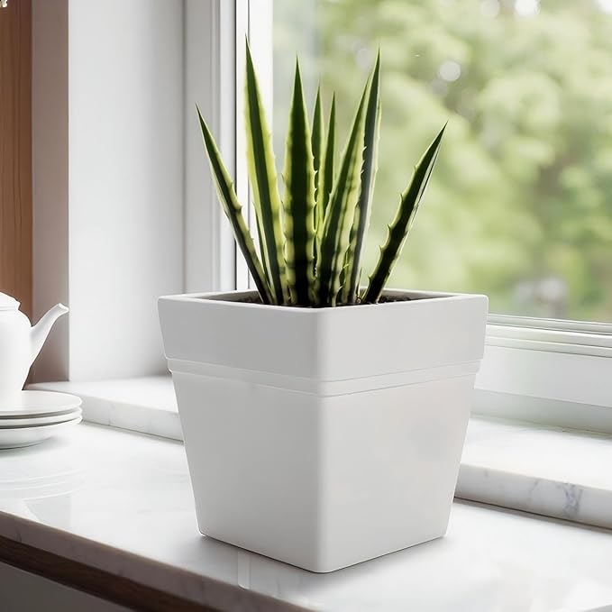 6-Pack 7'' Square Planters with Built-in Drainage Tray – Heavy-Duty Plastic Pots with Drainage Holes and Bottom Stopper, BPA-Free White Matte Planter Stackable for Indoor Plants, Herbs, Flowers