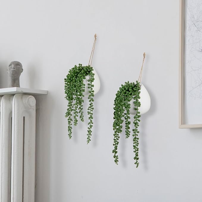 MyGift Artificial Faux String of Pearls Plants in White Ceramic Wall Hanging Planter Pot with Jute Rope, Set of 2