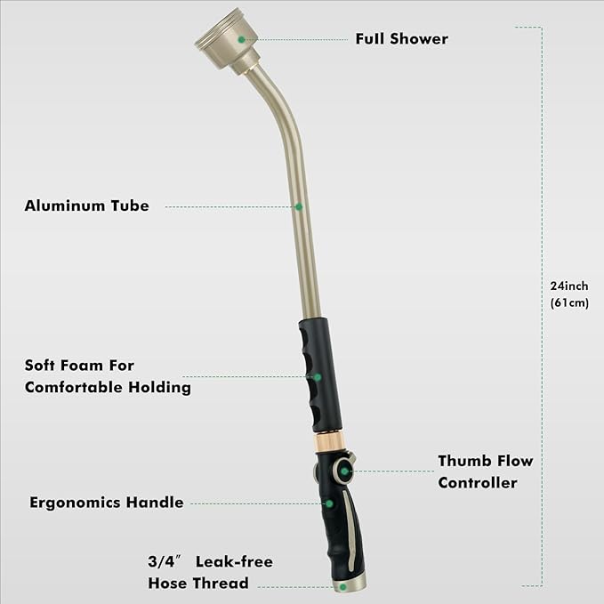 RESTMO Long Watering Wand, 24 Inches Gentle Soft Full Shower Sprayer Wand with Thumb Flow Control, Heavy Duty Metal Hose Wand for Hanging Baskets, Shrubs, Plants, Flowers, Garden and Lawn