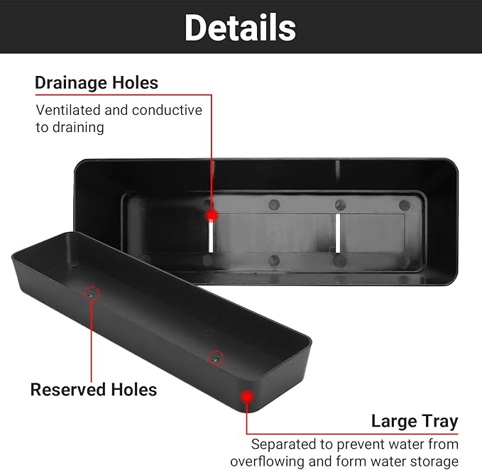 GREANER 12x3.8 Inch Herb Planters, 1 Pack Rectangle Window Boxes with Tray, Indoor Succulent Cactus Mint Plastic Pot for Windowsill, Balcony, Office, Outdoor Garden - Black