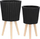 Set of 2 Resin & Magnesia Planter Set with Wood Stands – Plant Stand Indoor Outdoor, Living Room or Patio – Modern Raised Design, Accent Planters for Stylish Spaces, Home Decor – 12" & 10", Black