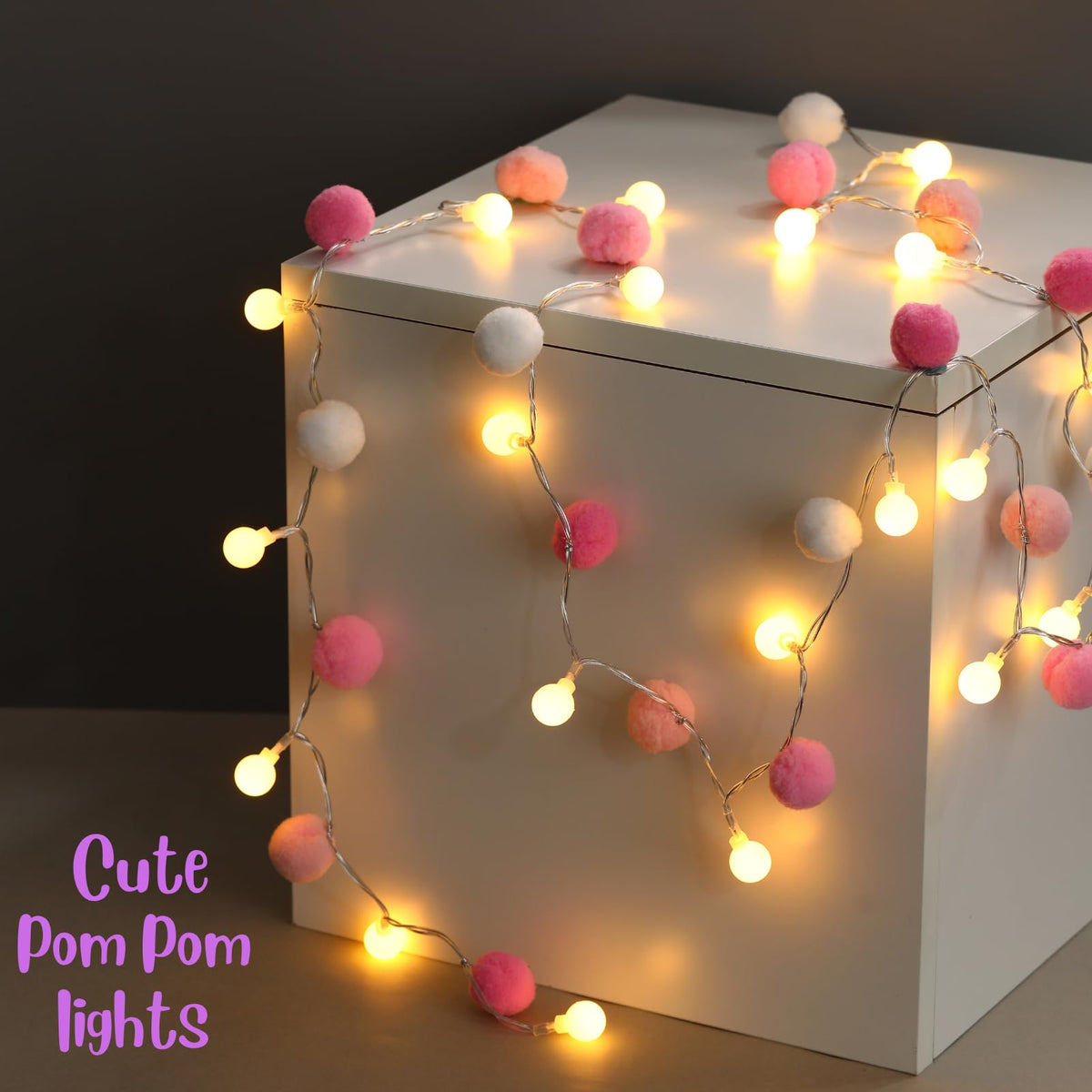 9.84FT Pom Poms Fairy Lights - 30 LED Battery & USB Operated String Lights with Warm White Globe Balls - Cute Indoor Decor for Bedroom Kids Room Playhouse Back to School Birthday Baby Shower - Pink
