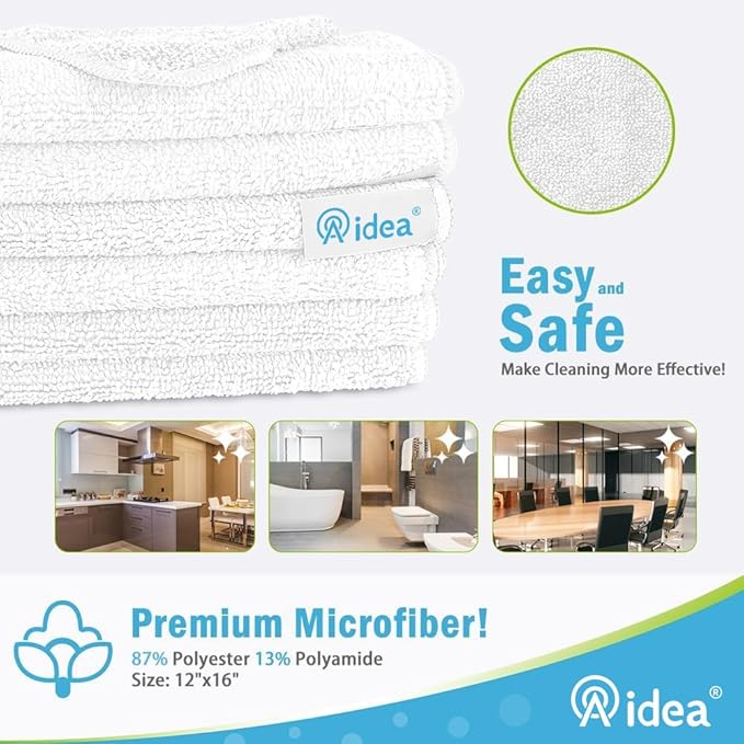 AIDEA Microfiber Cleaning Cloth-8PK, Soft Microfiber Towels for Cars, Absorbent Cleaning Rags, Lint-Free Streak-Free Wash Cloths for House, Kitchen, Window(12in.x16in), White