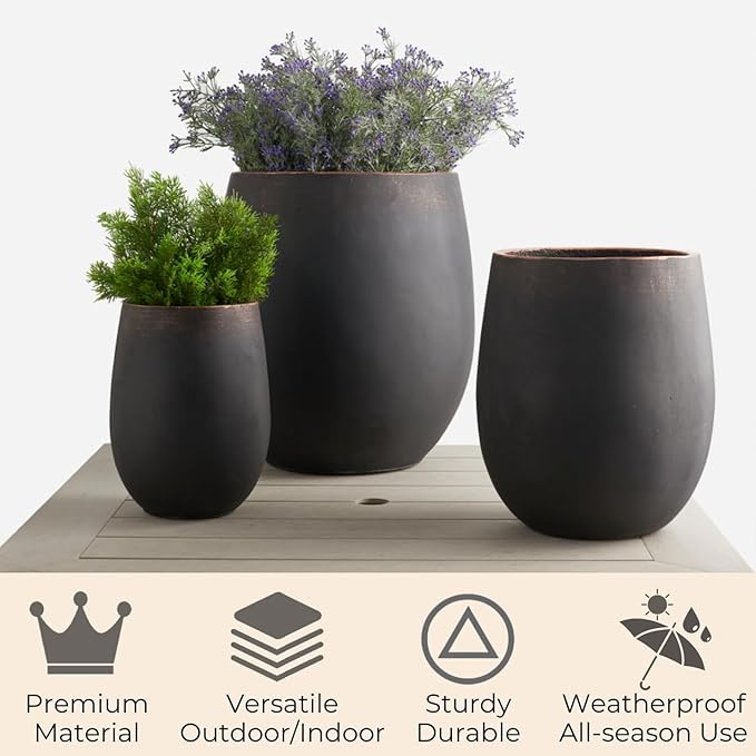 Wallowa 17.7"+13.3"+9.5" Dia Round Concrete Planter Set of 3, Large Outdoor Planter, Black with Gold Rim, Flower Pots with Drainage Holes for Garden, Patio, Home, Office