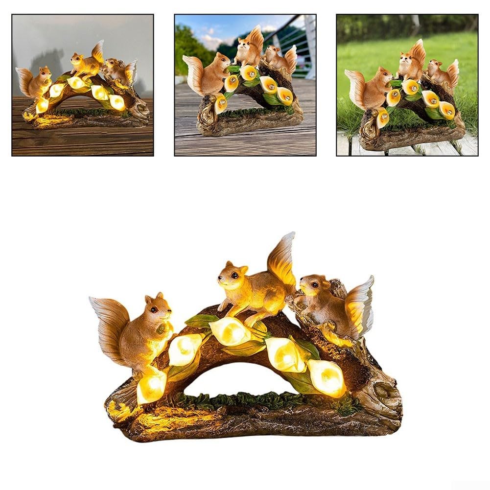 Outdoor Solar Squirrel Statue Resin Garden Decor Light Up Lawn Ornament Weatherproof Yard Art for Backyard Pathway Patio Night Glow(Three squirrels)