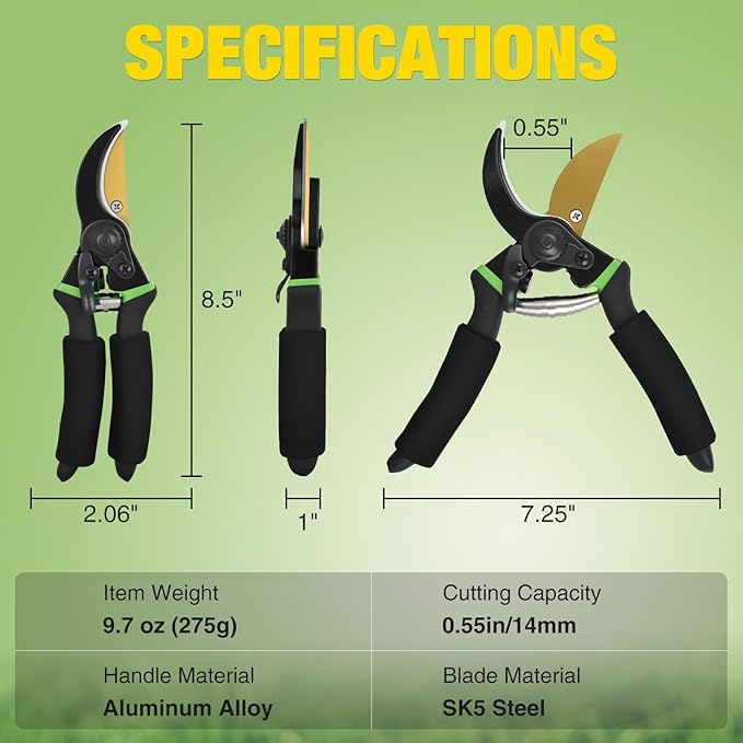 Yesker Pruning Shears for Gardening 8.5" Professional Bypass Garden Scissors Yard Clippers with Sharp SK5 Steel Blade Heavy Duty Hand Pruners for Branch Flower Plant Trimming Cutting Gardening Tools