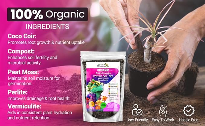 Organic Autoflower Potting Soil Mix – Ready-to-Use Living Soil, No Fertilizers Needed – Balanced Nutrients, Light Texture, Excellent Drainage, Boosts Germination & Root Growth (10 quarts)