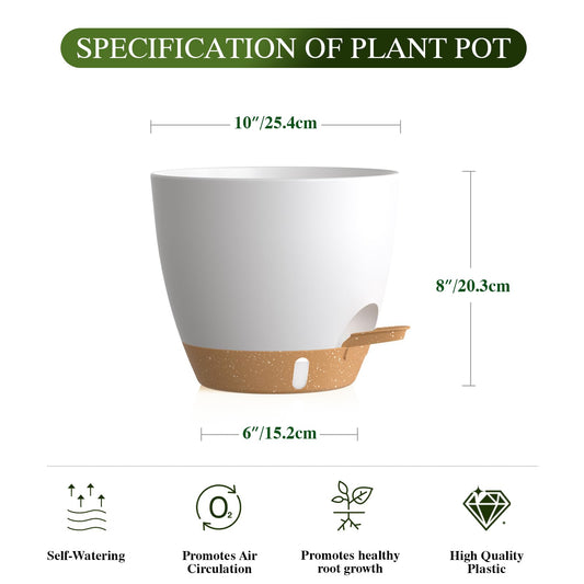 KUGAZ Self Watering Pots with Drainage Holes, 2 Pack 10 Inch Plant Pots with Water Level Indicator Deep Reservoir, Large Plastic Planter for Indoor Outdoor Plants - White Brown