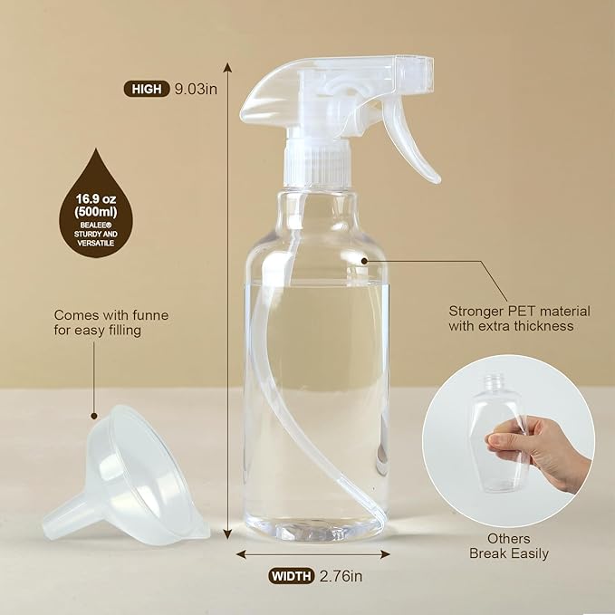 Plastic Spray Bottles, 2-Pack, 16.9 Oz, Mist & Stream, Heavy Duty Spraying, Empty Water Spray Bottle for Cleaning Solutions, Essential Oils, Hair, Plants, BBQ, Cat Dog Behavior Correction (Clear)