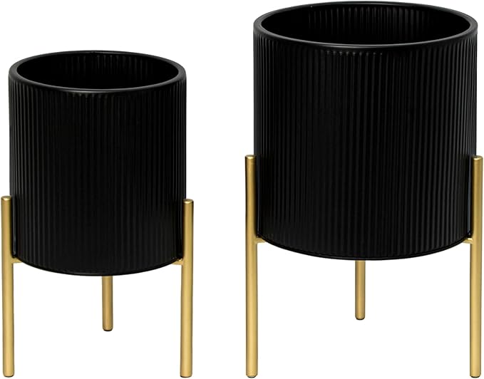 ARNIS Modern Planter Pots, Set of 2 Round Large Planters with Stand, Decorative Planters, Metal Pots with Drainage Holes for Living Room, Office, Garden or Balcony, 8.25 &10.5 Inch, Black & Gold