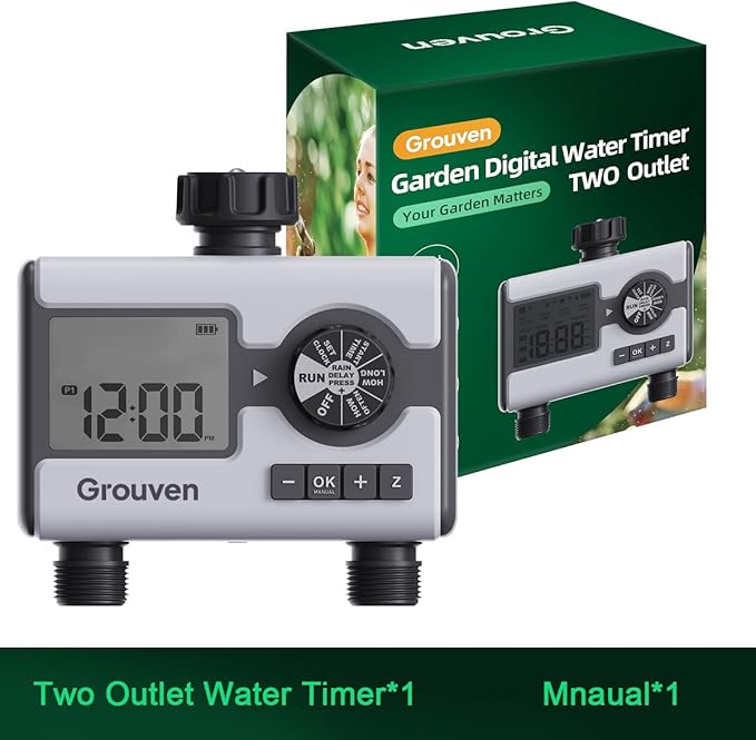 2 Outlet Sprinker Timer with Brass Inlet, Programmable Hose Faucet Water Timer for Garden Hose, Rain Delay, Manual, Automatic Watering System for Garden, Yard