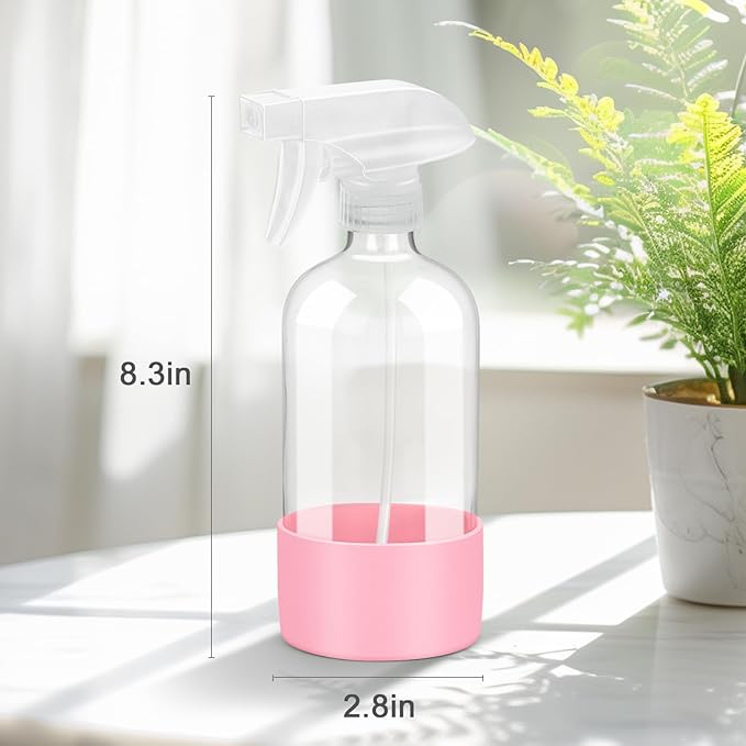 2 Pack Glass Spray Bottles with Silicone Sleeve, 16 oz Empty Refillable Containers with Adjustable Spray Nozzles, Spray Bottles for Hair, Cleaning Solutions and Plants Pink&Grey