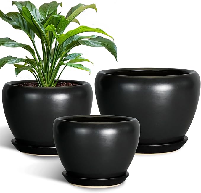 Ceramic Planters Pots - 10 Inch 8 Inch 6 Inch Plant Pots Indoor with Drainage Holes and Saucers Large Planters Mid-Century Flower Pots Outdoor Set of 3 Black