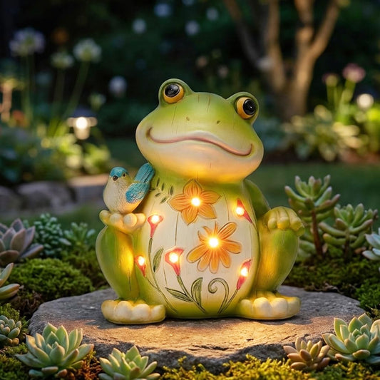 Solar Powered Frog Garden Statue, Resin Frog Figurine with Little Bird & Warm LED Lights, Waterproof Outdoor Decor Frog Sculpture, Lawn Yard Patio Backyard Flower Bed Ornament, Housewarming Gift