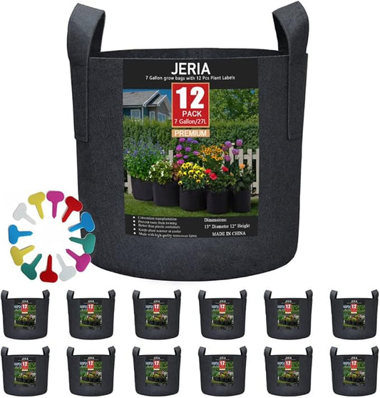 JERIA 12-Pack 7 Gallon, Vegetable/Flower/Plant Grow Bags, Aeration Fabric Pots with Handles (Black), Come with 12 Pcs Plant Labels