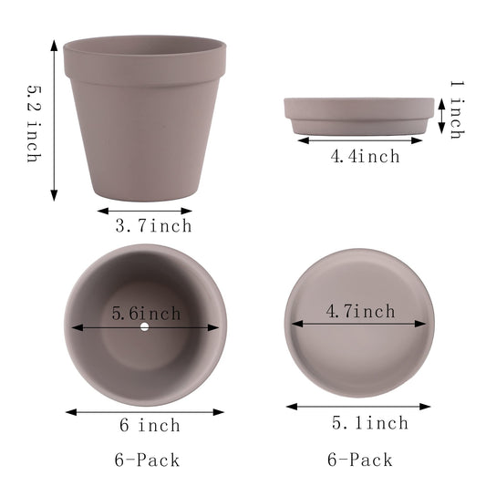 Yishang Large Terra Cotta Pots with Saucer- 4 Pack Large 6'' Terra Cotta Plant Pot with Drainage Hole, Flower Pot with Tray, Terracotta Pot for Indoor Outdoor Plant(Grey)
