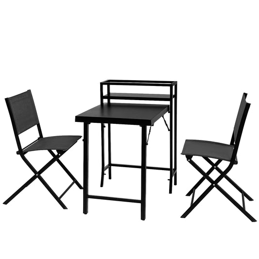 3 Piece Patio Bistro Set, Foldable Table Chairs Outdoor Furniture for Balcony Deck Backyard, Small Space Apartment Patio Conversation Set, Rust Resistant Steel Frame, No Assembly Required, Black