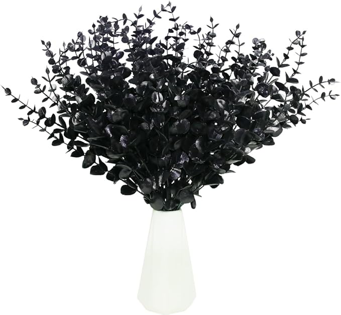 Tinsow Black Artificial Eucalyptus Stem Bulk Halloween Faux Eucalyptuses Wedding Bouquet Centerpiece Home Decor (65, Black)