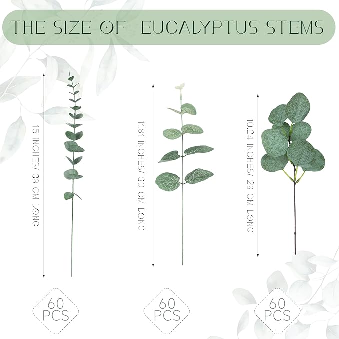 Giegxin 180 Pcs 3 Kinds Mixed Eucalyptus Leaves Stems Bulk Artificial Silver Dollar Leaves Picks Dried Eucalyptus Bundle Faux Spray for Wedding Vase Bouquet Floral Arrangement (Green)